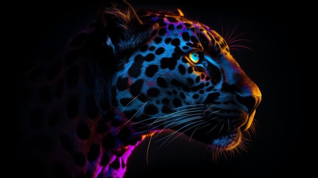Photorealistic colorful black panter from side, black background. Generative AI