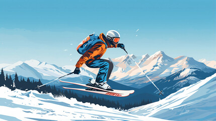 Jumping skier skiing. Extreme winter sports on mountain - obrazy, fototapety, plakaty