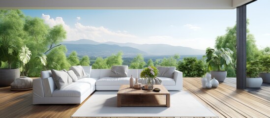Modern living room with a view of a veranda With copyspace for text