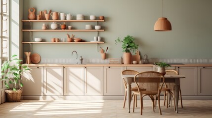 Modern white kitchen in Scandinavian style. Open shelves in the kitchen with plants and jars....