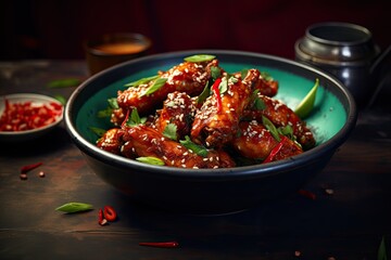 Grilled sticky chicken wings on plate over dark background.