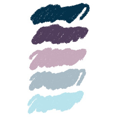 A set of hand paint stains, natural color palette, blue, violet and gray colors. Color pencil, marker brush strokes