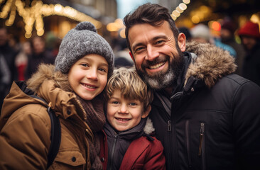 Family taking a picture on Christmas background