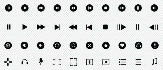 Media player control icon set. Play and pause buttons. Interface multimedia symbols and audio, audio video media player buttons isolated on transparent background