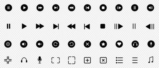 Foto op Plexiglas Media player control icon set. Play and pause buttons. Interface multimedia symbols and audio, audio video media player buttons isolated on transparent background © Gilbert-Illustration