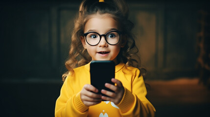 A charming youngster donning spectacles brandishes a mobile while gesturing at the display. - obrazy, fototapety, plakaty