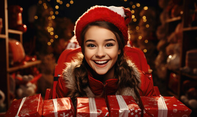 Smiling girl with gift box on Christmas background