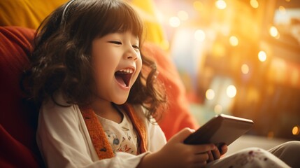 An adorable Asian youngster of four is reclining on the couch, engrossed in her smartphone while viewing cartoons.