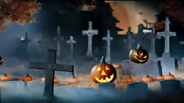 Graveyard tombstones glowing pumpkins in the background moving images of houses and the moon, a Halloween illustrated animated spooky short video.