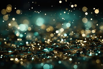 abstract bokeh background with gold and blue glittering lights. Light Green Glitter Background for Christmas or Special Occasion. 