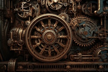 Fototapeta na wymiar A visually stunning steampunk illustration depicting a powerful machinery world with intricate metal gears and wheels. Generative AI
