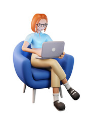 Cartoon 3D character woman sitting and working in a blue chair with a laptop on her lap....