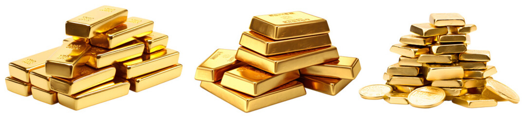 Collection of golden bricks, gold bars solid money decent vector realistic collection