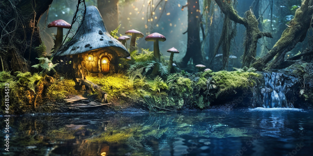 Wall mural a small fairy tale house in dark fantasy forest, miniature woodland cottage made by gnomes and troll