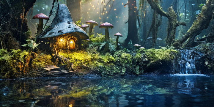 A small fairy tale house in dark fantasy forest, miniature woodland cottage made by gnomes and trolls