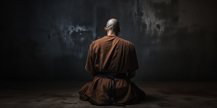  monk sits in a dark room, meditating and seeking spiritual enlightenment with his back turned
