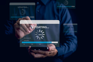 Update software and installing new version system in computer. Man upgrade program, Business...