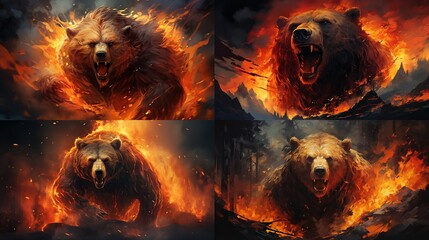 bear, in, fire, totem, indian, magic, creature, animal, brown, wild, grizzly, brown bear, mammal, wildlife, fur, nature, zoo, ursus arctos, predator, alaska, animals, dangerous, generative, ai