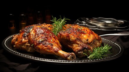 Roast chicken legs on dark background