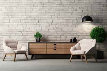 Console, armchair, and an empty white brick wall in 3D