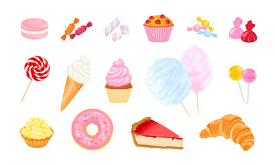 Sweets set. Collection of desserts, sweets and pastries. Vector cartoon illustration of colorful confectionery