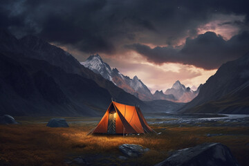 Immerse yourself in the tranquility of nature with a radiant tent illuminating the mountain night. Ai generated