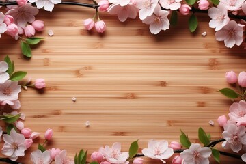Fototapeta na wymiar Cherry blossom frame on bamboo backdrop, celebrating springs beauty