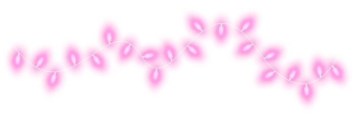 Pink christmas glowing garland. Christmas lights. Colorful Christmas garland. The light bulbs on the wires are insulated. PNG.