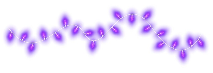 Violet christmas glowing garland. Christmas lights. Colorful Christmas garland. The light bulbs on the wires are insulated. PNG.