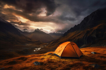 Immerse yourself in the tranquility of nature with a radiant tent illuminating the mountain night. Ai generated