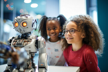 Children girl science robot class technology school classroom education creativity innovation...