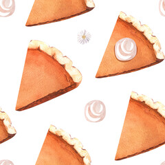 Watercolor pumpkin slice pie, orange seamless pattern, traditional dessert for Thanksgiving dinner. Hand-drawn illustration isolated on white background. Perfect for menu, cooking, packing, card