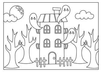 Haunted house coloring page for kids