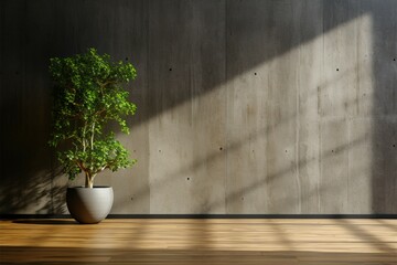 Dark ambiance with potted plant, concrete wall, and wooden flooring