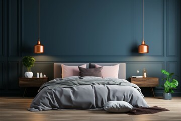 Dark style bedroom with a striking dark blue wall, a design mockup