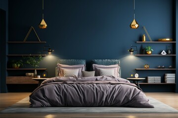 Dark themed bedroom with a bold dark blue wall, presented mockup
