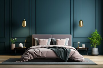 Design mockup Dark style bedroom interior with a striking blue wall