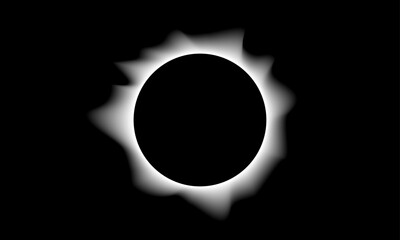 Total eclipse of the sun. Vector. Solar corona during a total eclipse in black white color, glow around a black circle, space for text, minimal style - obrazy, fototapety, plakaty