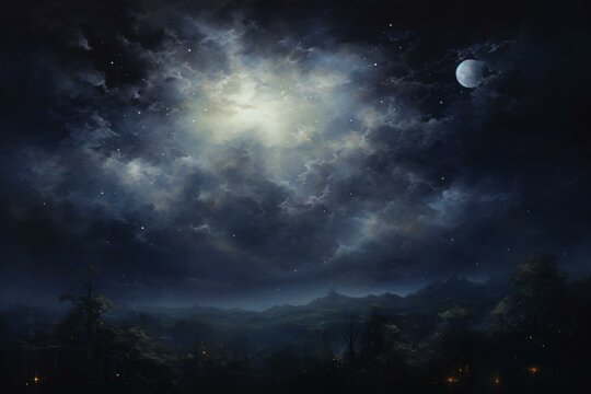 An oil painting of the nighttime sky with the moon and stars. Generative AI