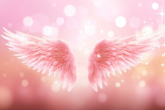 angel wings on pink bokeh banner, bright light shaft radiating outwards, with empty space all around. Generative AI