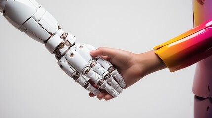 Image of greeting between the hand of a robot and a boy disguised as a robot