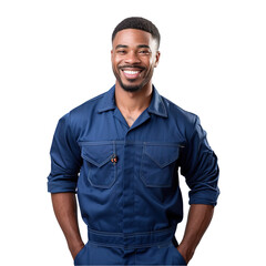 An Afro-American mechanic in a blue jumpsuit, with a smear of grease on their cheek, holding a wrench, stands assertively against an immaculate white background - obrazy, fototapety, plakaty