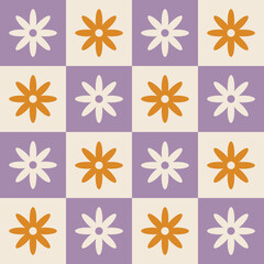 1960s, 1970s retro groovy checkered seamless pattern, 60s, 70s geometric and floral vector illustration