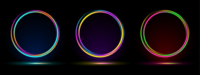 Magic fantasy portal. Round light frame, Futuristic teleport. light effect. Blue, orange, neon lights illuminate the night scene with sparks on a black background. Light effect of an empty podium