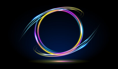 Magic fantasy portal. Round light frame, Futuristic teleport. light effect. Blue, orange, neon lights illuminate the night scene with sparks on a black background. Light effect of an empty podium