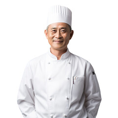 An Asian chef, clad in a white double-breasted jacket, chef's hat, stands proudly. On transparent background