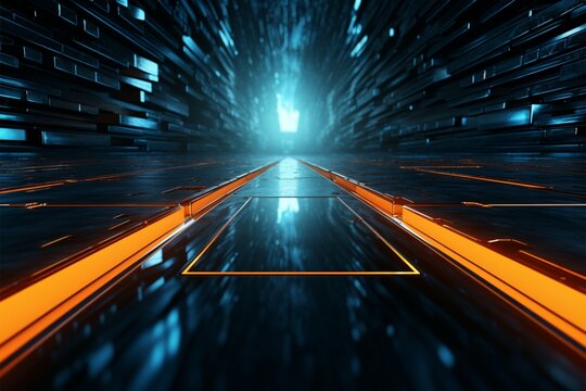 Futuristic arrow technology 3D rendering races in abstract sci fi backdrop