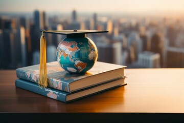 Global business, study abroad, and education encapsulated in cap and globe