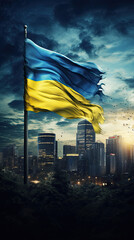 Ukrainian flag in the backdrop of a bustling city skyline at dusk