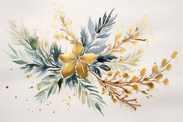 Handmade watercolor Christmas card with painted pine bush and elegant gold metallic details. Generative AI